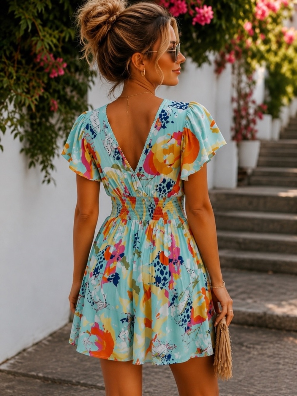 Angie Floral Abstract Print V-Neck Romper Dress in Aqua Multi - Picture 2 of 5